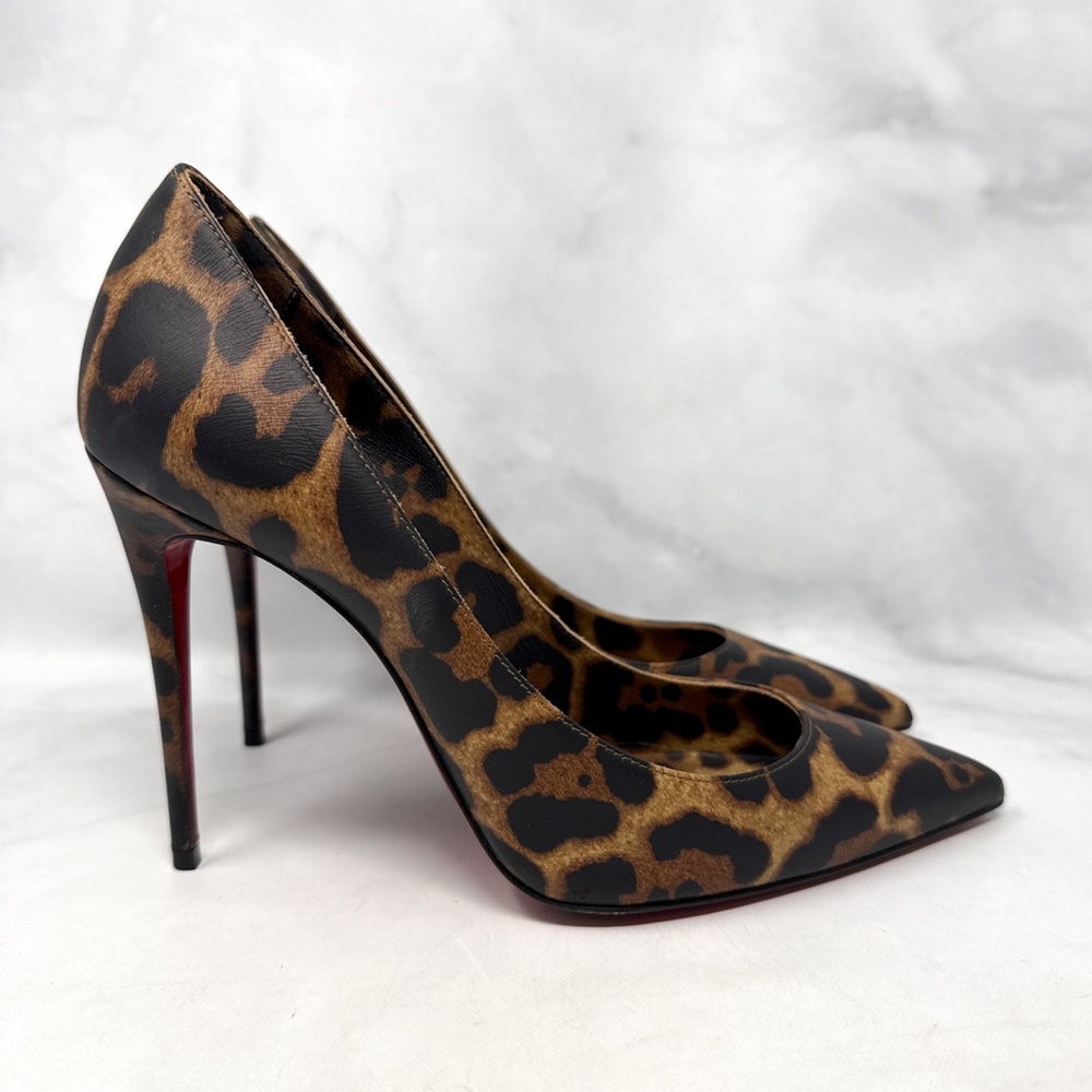 Christian Louboutin Kate 100 Leopard Leather Pointed Toe Stiletto Heel Pump 37.5